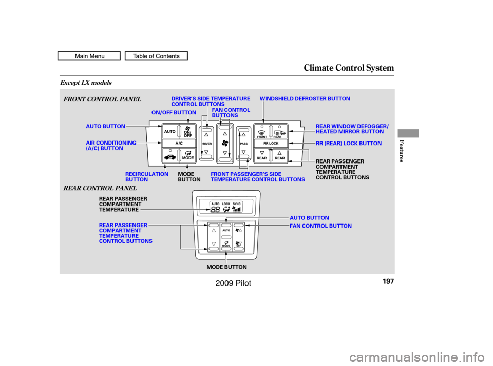 HONDA PILOT 2009 2.G Owners Manual Climate Control System
FRONT CONT ROL PA NELREA R CONT ROL PA NEL
Except L X models
Features
197
AUTO BUTTON
MODE BUTTON
MODE
BUTTON
RECIRCULATION
BUTTON FAN CONTROL
BUTTONS
WINDSHIELD DEFROSTER BUTTO
