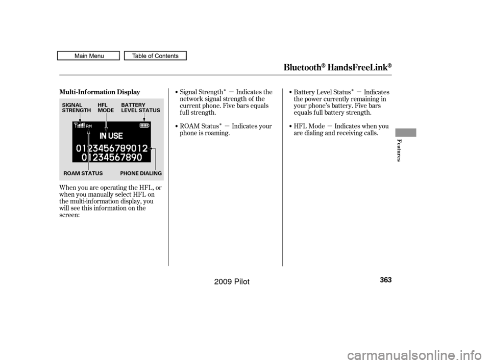 HONDA PILOT 2009 2.G Owners Manual Î
Î Îµ
µ µ
µ
When you are operating the HFL, or
when you manually select HFL on
the multi-information display, you
will see this inf ormation on the
screen: Signal Strength Indicates the