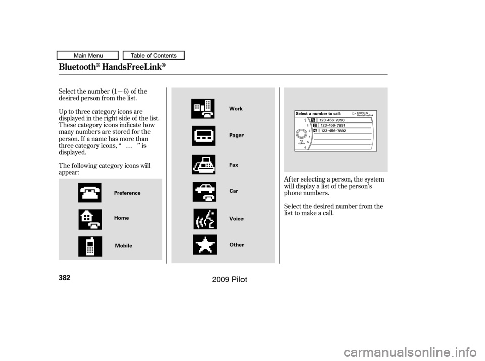 HONDA PILOT 2009 2.G Owners Manual µ
Select the number (1 6) of the
desired person f rom the list.
Up to three category icons are
displayed in the right side of the list.
These category icons indicate how
many numbers are stored f or
