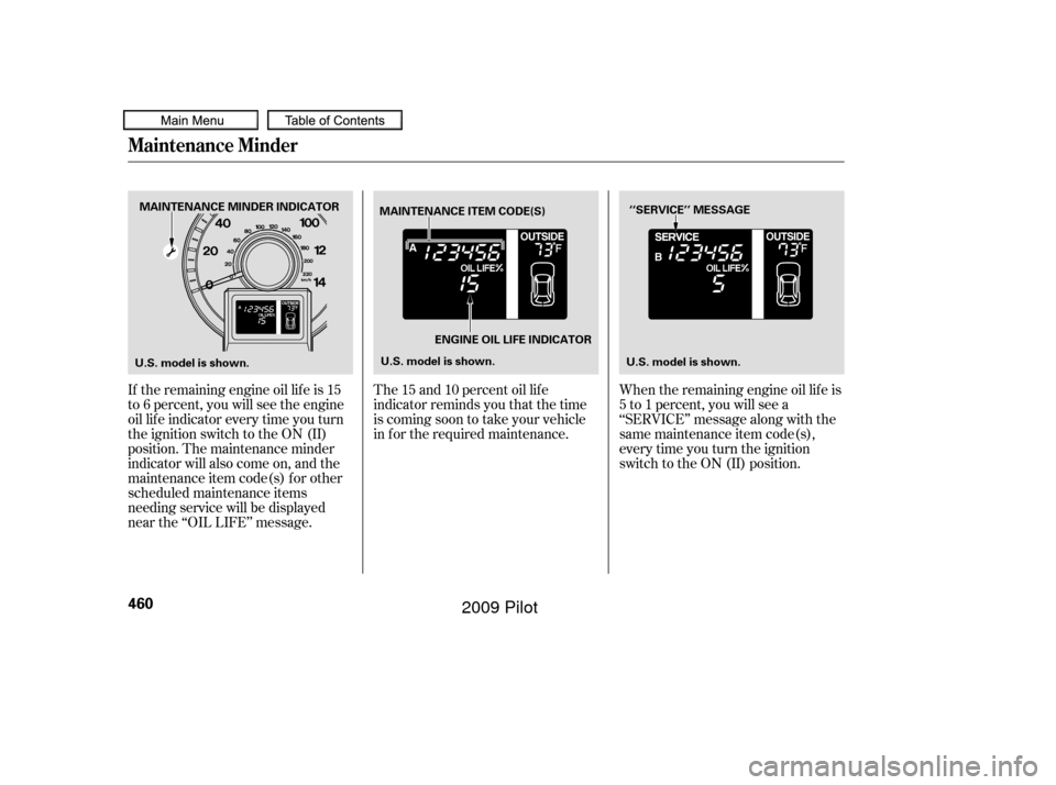 HONDA PILOT 2009 2.G Owners Manual The 15 and 10 percent oil lif e
indicator reminds you that the time
is coming soon to take your vehicle
in f or the required maintenance.
If the remaining engine oil lif e is 15
to 6 percent, you will