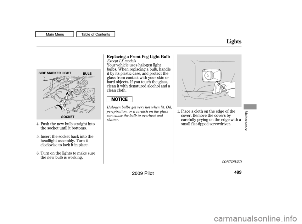 HONDA PILOT 2009 2.G Owners Manual Push the new bulb straight into
the socket until it bottoms.
Insert the socket back into the
headlight assembly. Turn it
clockwise to lock it in place.
Turn on the lights to make sure
the new bulb is 