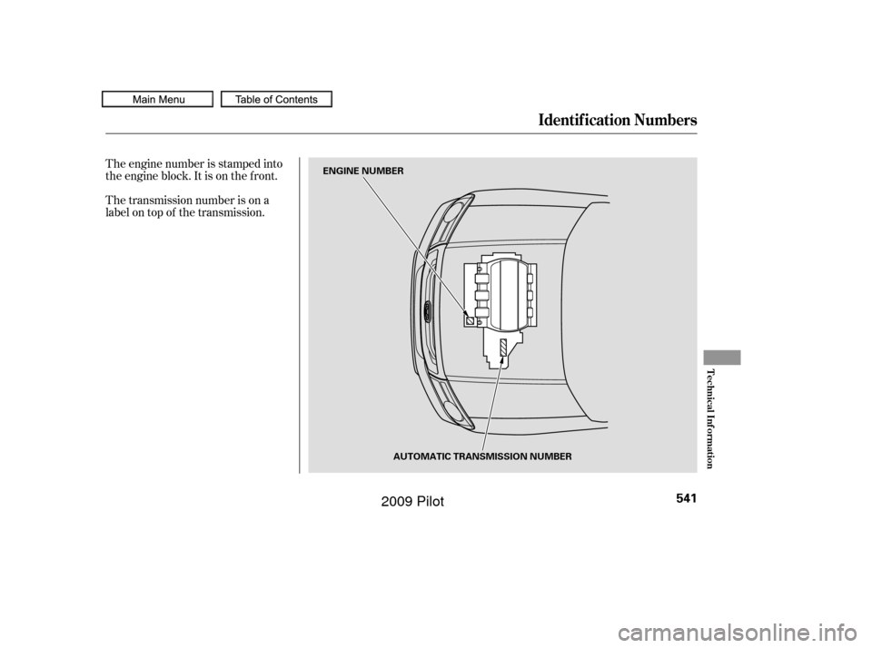HONDA PILOT 2009 2.G Owners Manual The engine number is stamped into
the engine block. It is on the f ront.
The transmission number is on a
label on top of the transmission.
Identif ication Numbers
Technical Inf ormation
541
ENGINE NUM