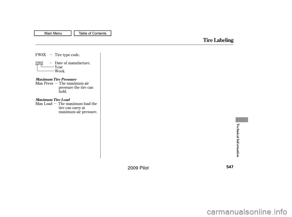 HONDA PILOT 2009 2.G Owners Manual µ
µ
µ
µ
Tire type code.
Date of manufacture.
Max Press The maximum air pressurethetirecan
hold.
Max Load The maximum load the tire can carry at
maximum air pressure.
Week Year
FW6X
2202
Tire L