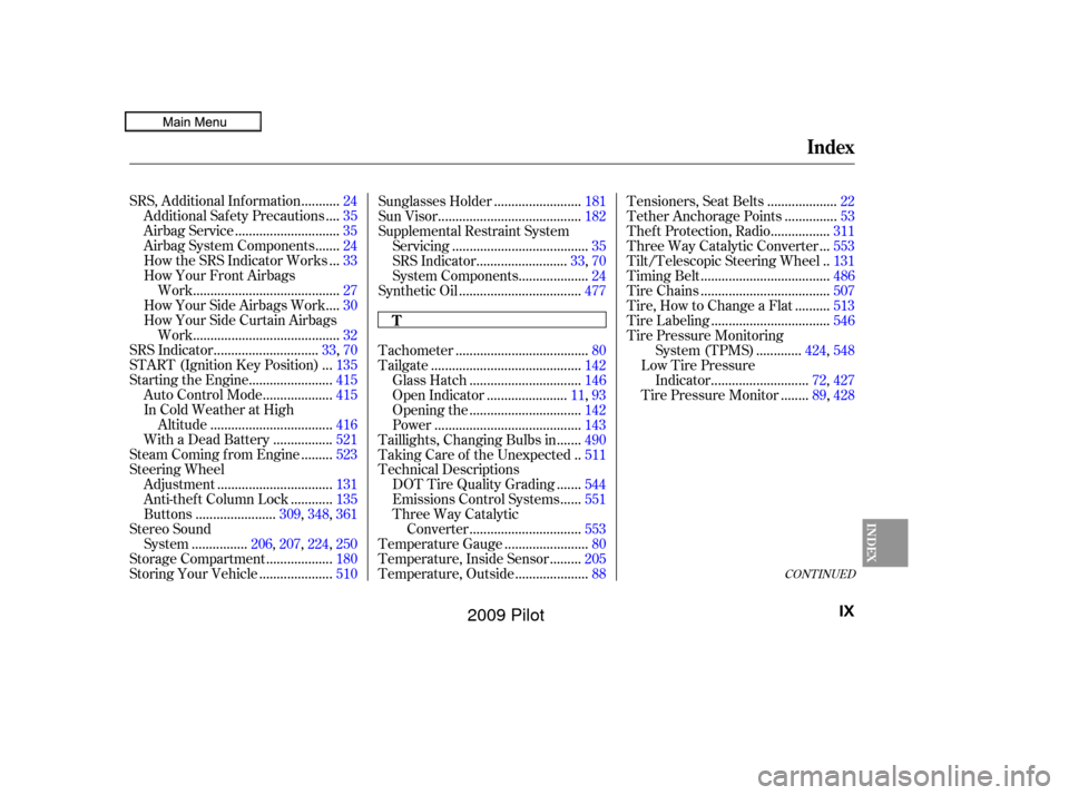 HONDA PILOT 2009 2.G Workshop Manual CONT INUED
..........
SRS, Additional Inf ormation . 24
...
Additional Safety Precautions . 35
.............................
Airbag Service .35
......
Airbag System Components . 24
..
How the SRS Indi