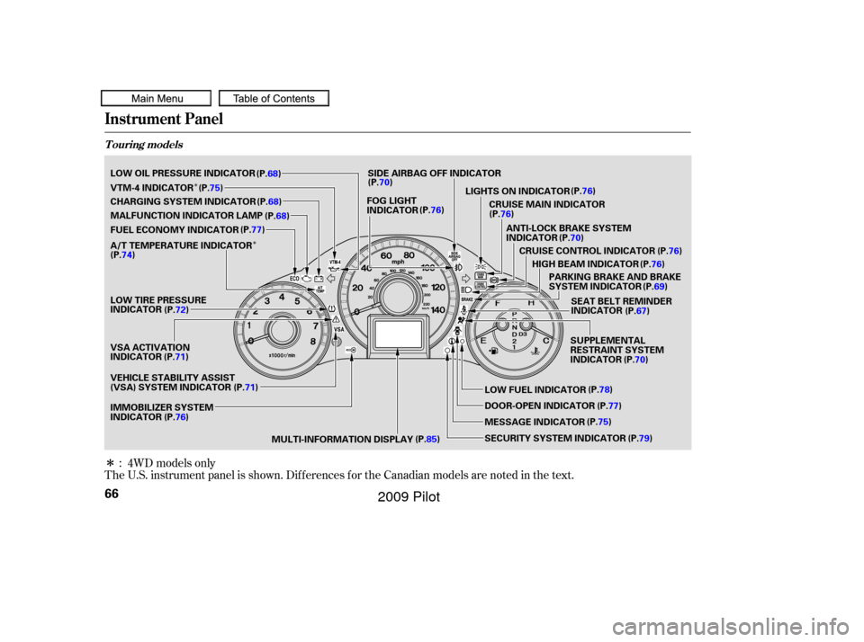 HONDA PILOT 2009 2.G Owners Manual Î
ÎÎ
The U.S. instrument panel is shown. Dif f erences f or the Canadian models are noted in the text.: 4WD models only
Instrument Panel
T ouring models
66
ANTI-LOCK BRAKE SYSTEM
INDICATOR
HIGH 