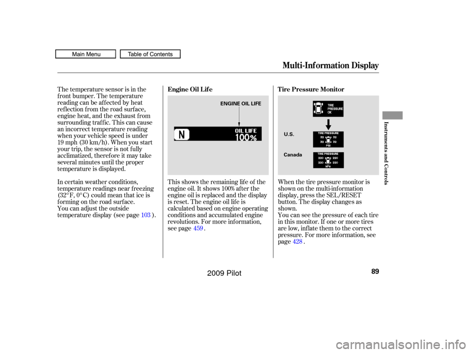 HONDA PILOT 2009 2.G Owners Manual Whenthetirepressuremonitoris
shown on the multi-inf ormation
display, press the SEL/RESET
button. The display changes as
shown.
You can see the pressure of each tire
in this monitor. If one or more ti