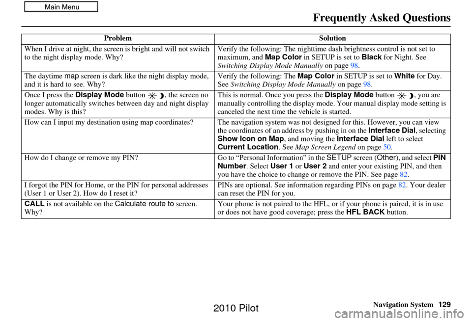 HONDA PILOT 2010 2.G Navigation Manual Navigation System129
Frequently Asked Questions
When I drive at night, the screen  is bright and will not switch 
to the night display mode. Why? Verify the following: Th
e nighttime dash brightness c