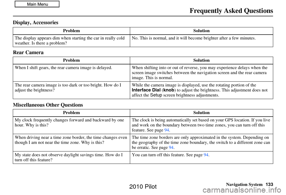 HONDA PILOT 2010 2.G Navigation Manual Navigation System133
Frequently Asked Questions
Display, Accessories
Rear Camera
Miscellaneous Other Questions
Problem Solution
The display appears dim when starting the car in really cold 
weather. I