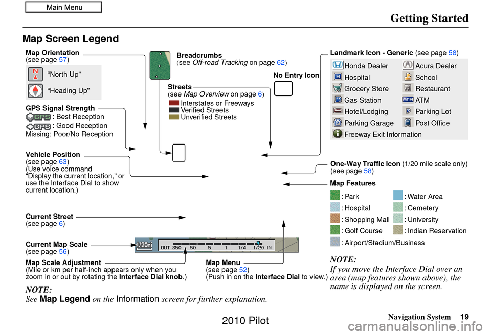 HONDA PILOT 2010 2.G Navigation Manual Navigation System19
Getting Started
Map Screen Legend
Acura Dealer
School
Restaurant
AT M
Parking Lot
Post OfficeHonda Dealer
Hospital
Grocery Store
Gas Station
Hotel/Lodging
Parking Garage
Freeway Ex