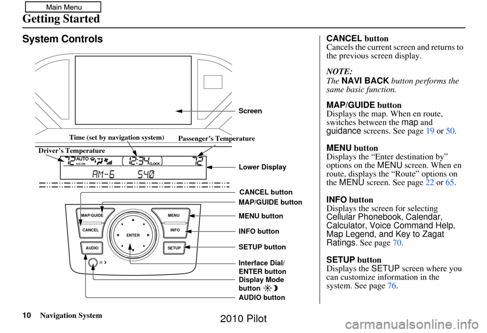 HONDA PILOT 2010 2.G Navigation Manual 10Navigation System
Getting Started
System Controls
ENTER
CANCEL
MAP/GUIDE
INFO
AUDIO SETUPMENU
CANCEL button
SETUP button INFO button
Interface Dial/ 
ENTER button MENU button
AUDIO button MAP/GUIDE 