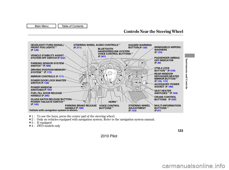 HONDA PILOT 2010 2.G Owners Manual ÎÎ
Î
Î
ÎÎ
Î
Î
Î
Î
Î
Î
Î 
Î
Î
Î
To use the horn, press the center pad of the steering wheel.
Only on vehicles equipped with navigation system. Ref er to the navigation s