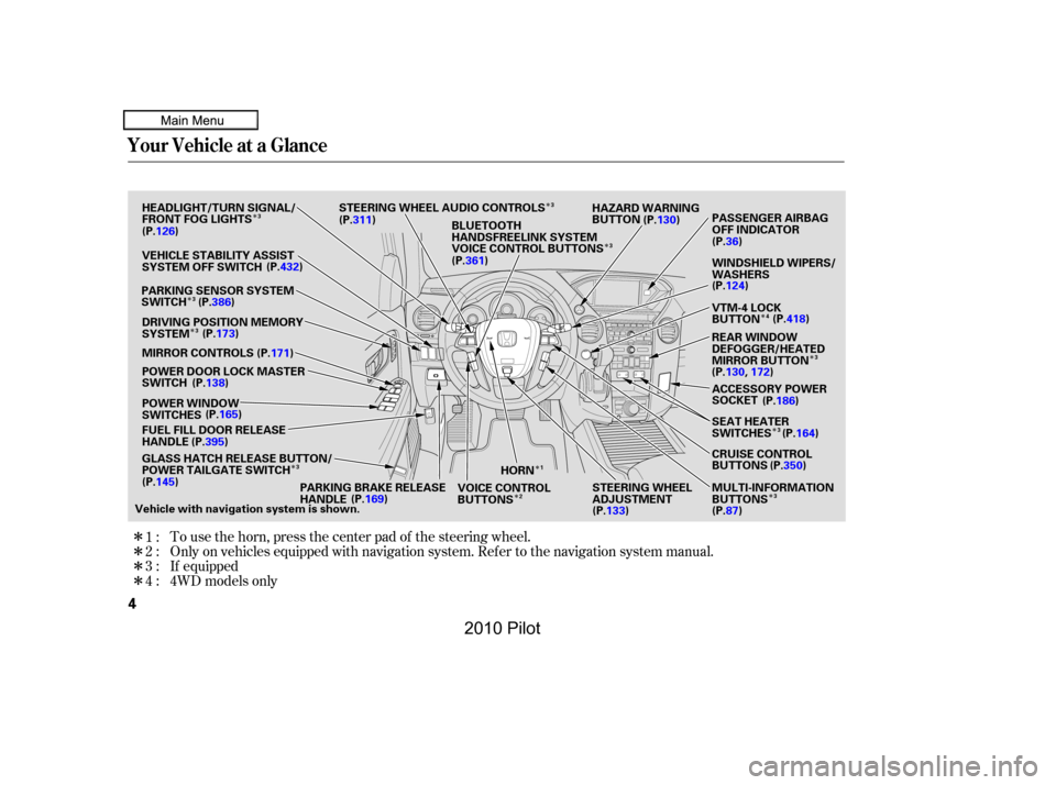 HONDA PILOT 2010 2.G Owners Manual ÎÎ
Î
Î
ÎÎ
Î
Î
Î
Î
Î
Î
Î 
Î
Î
Î
To use the horn, press the center pad of the steering wheel.
Only on vehicles equipped with navigation system. Ref er to the navigation s