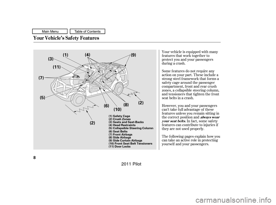 HONDA PILOT 2011 2.G User Guide Your vehicle is equipped with many
features that work together to
protect you and your passengers
during a crash.
The f ollowing pages explain how you
cantakeanactiveroleinprotecting
yourself and your