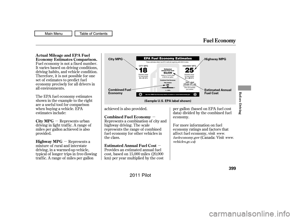 HONDA PILOT 2011 2.G Owners Manual µµ
µ µ
Fuel economy is not a f ixed number.
It varies based on driving conditions,
driving habits, and vehicle condition.
Theref ore, it is not possible f or one
set of estimates to predict f 