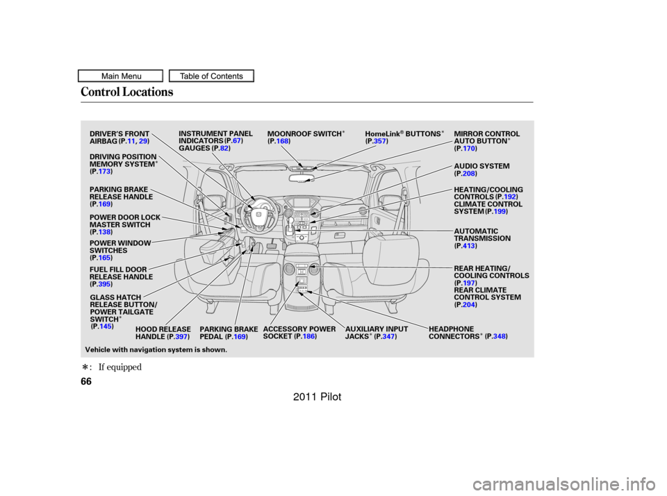 HONDA PILOT 2011 2.G Repair Manual Î
Î
ÎÎ
Î
Î
Î Î
: If equipped
Control L ocations
66
POWER WINDOW
SWITCHES POWER DOOR LOCK
MASTER SWITCH
HEADPHONE
CONNECTORS
INSTRUMENT PANEL
INDICATORS
GAUGES
Vehicle with navigation s