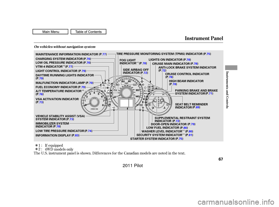 HONDA PILOT 2011 2.G Manual PDF ÎÎ
Î Î
Î
Î
Î
The U.S. instrument panel is shown. Dif f erences f or the Canadian models are noted in the text. 4WD models only If equipped
1:
2:
Instrument Panel
Inst rument s and Cont r