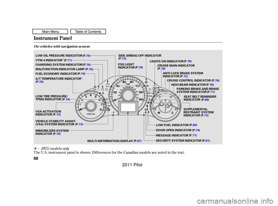 HONDA PILOT 2011 2.G Manual PDF Î
ÎÎ
The U.S. instrument panel is shown. Dif f erences f or the Canadian models are noted in the text.: 4WD models only
Instrument Panel
On vehicles wit h navigat ion syst em
68
ANTI-LOCK BRAKE 