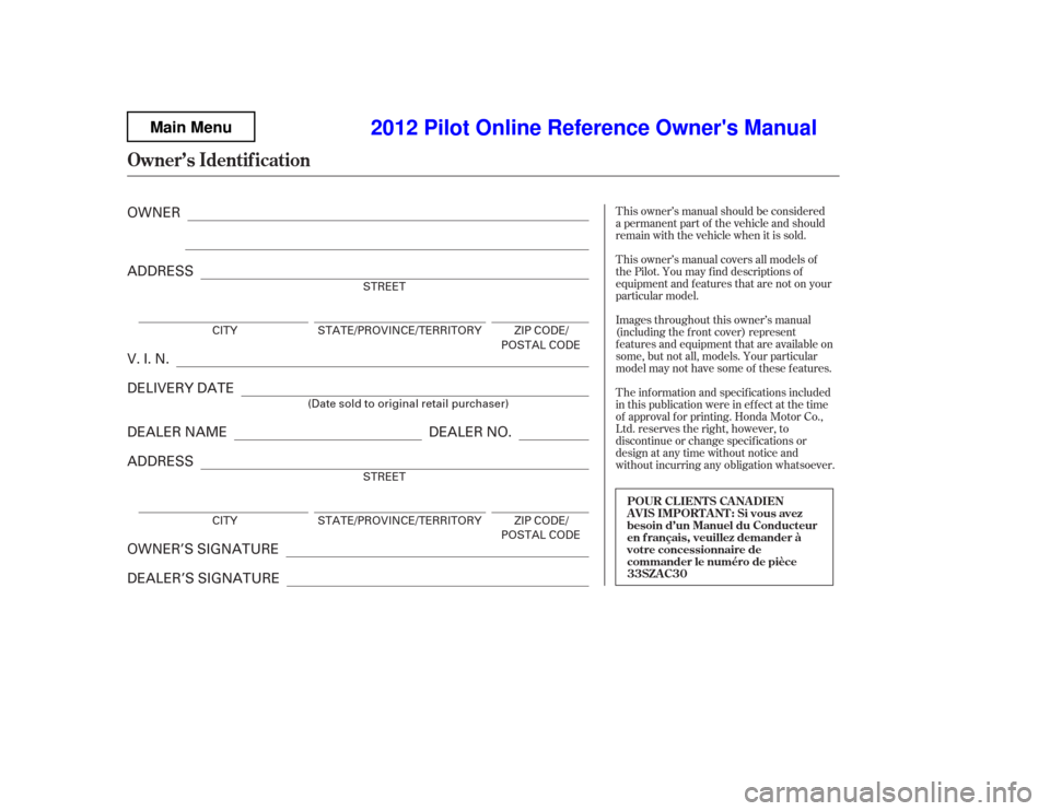 HONDA PILOT 2012 2.G Owners Manual 