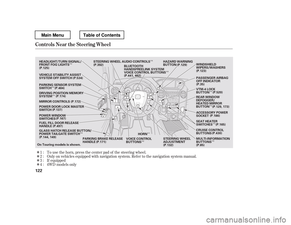HONDA PILOT 2012 2.G User Guide Î
Î
Î
Î Î
Î
Î Î
Î
Î
Î
Î
Î ÎÎÎTo use the horn, press the center pad of the steering wheel. 
Only on vehicles equipped with navigation system. Ref er to the navigati
on s