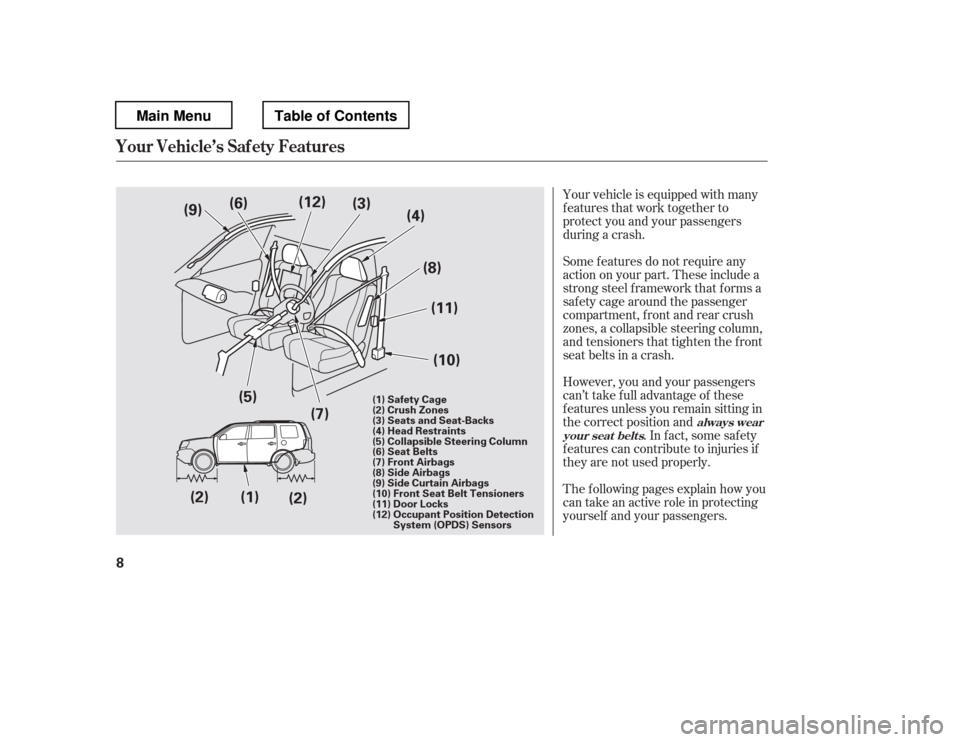 HONDA PILOT 2012 2.G User Guide Your vehicle is equipped with many 
features that work together to
protect you and your passengers
during a crash. 
The f ollowing pages explain how you 
cantakeanactiveroleinprotecting
yourself and y