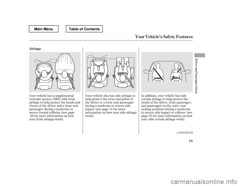 HONDA PILOT 2012 2.G User Guide CONT INUED
Your vehicle has a supplemental 
restraint system (SRS) with f ront
airbags to help protect the heads and
chests of the driver and a front seat
passenger during a moderate to
severe f ronta