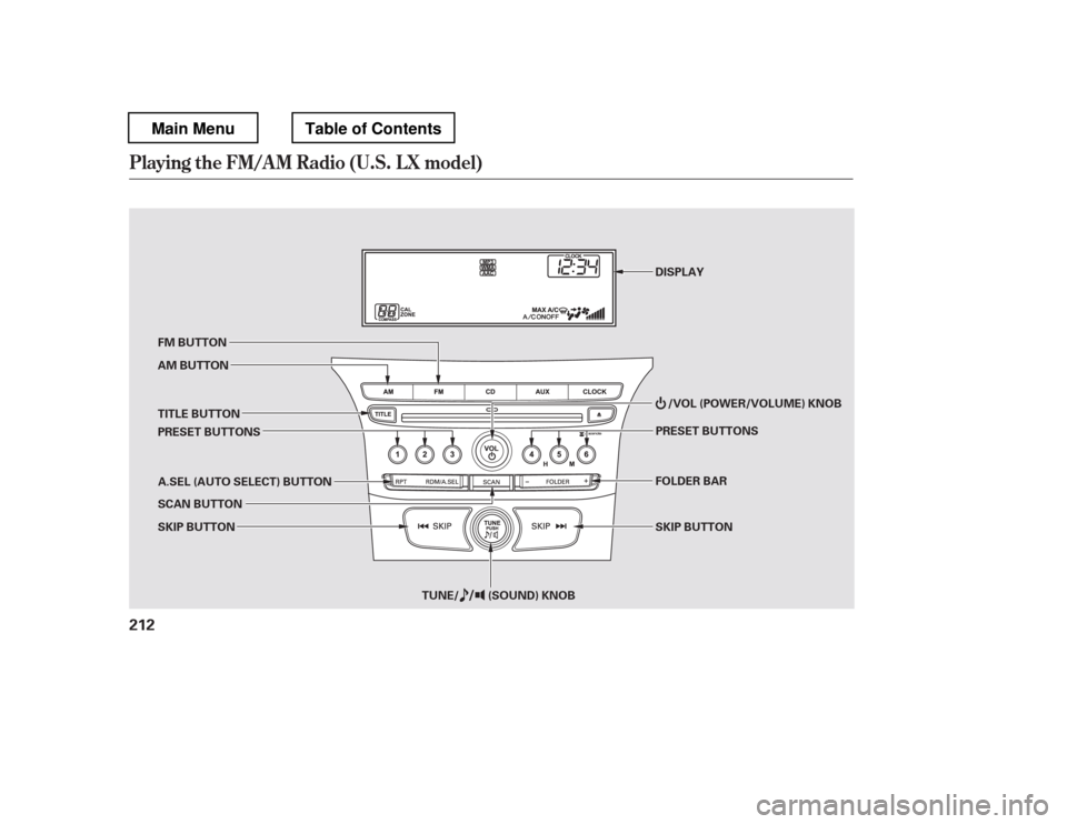 HONDA PILOT 2012 2.G Owners Manual Playing the FM/AM Radio (U.S. LX model)
212
PRESET BUTTONS
DISPLAY
FM BUTTON 
AM BUTTON 
TITLE BUTTON A.SEL (AUTO SELECT) BUTTON FOLDER BAR
SCAN BUTTON /VOL (POWER/VOLUME) KNOB
SKIP BUTTON
SKIP BUTTON