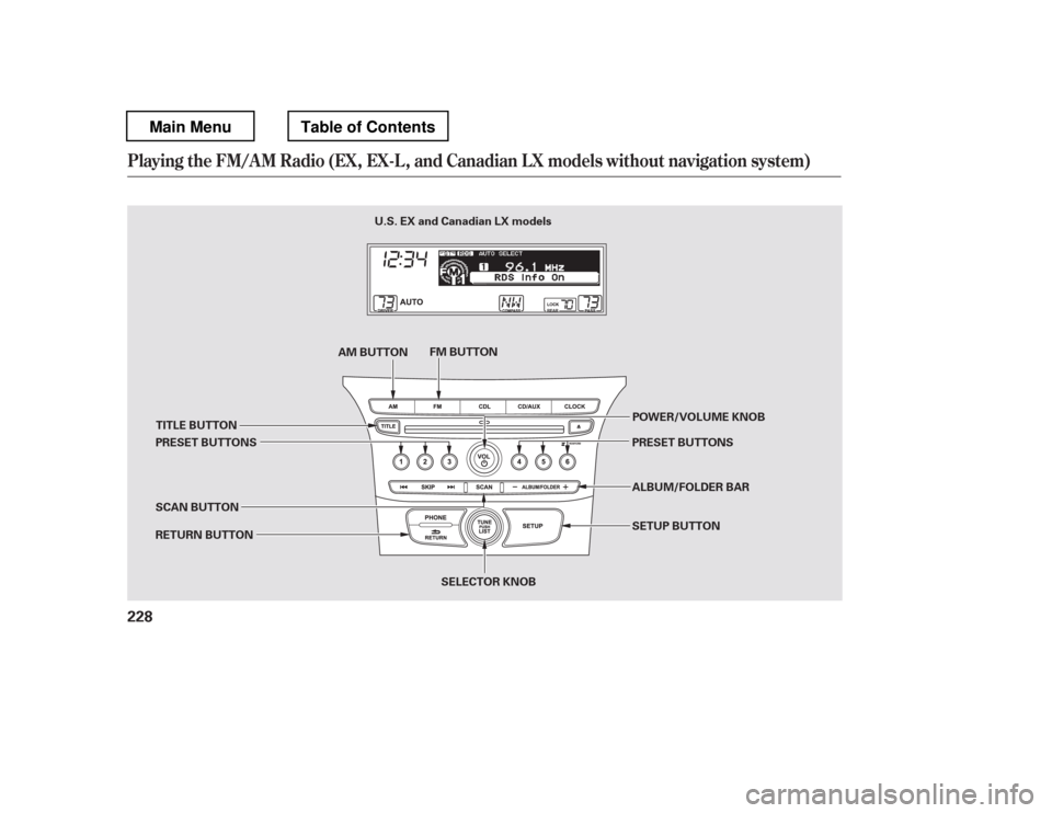 HONDA PILOT 2012 2.G Owners Manual Playing the FM/AM Radio (EX, EX-L , and Canadian L X models without navigation system)
228
SELECTOR KNOBPOWER/VOLUME KNOB
RETURN BUTTON SCAN BUTTON TITLE BUTTON
AM BUTTON
FM BUTTON
SETUP BUTTON
ALBUM/
