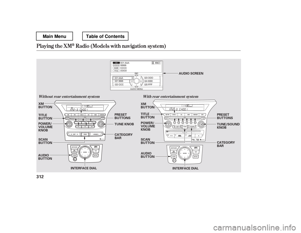 HONDA PILOT 2012 2.G Owners Guide Playing t he XMRadio (Models with navigation system)
Wit hout rear ent ert ainment syst em Wit h rear ent ert ainment syst em
312
POWER/ 
VOLUME KNOB
AUDIO
BUTTON PRESET 
BUTTONS
XM
BUTTON 
TITLE 
BUT