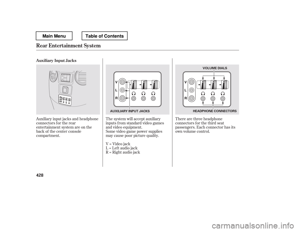 HONDA PILOT 2012 2.G Manual PDF Auxiliary input jacks and headphone 
connectors f or the rear
entertainment system are on the
back of the center console
compartment.The system will accept auxiliary
inputs f rom standard video games

