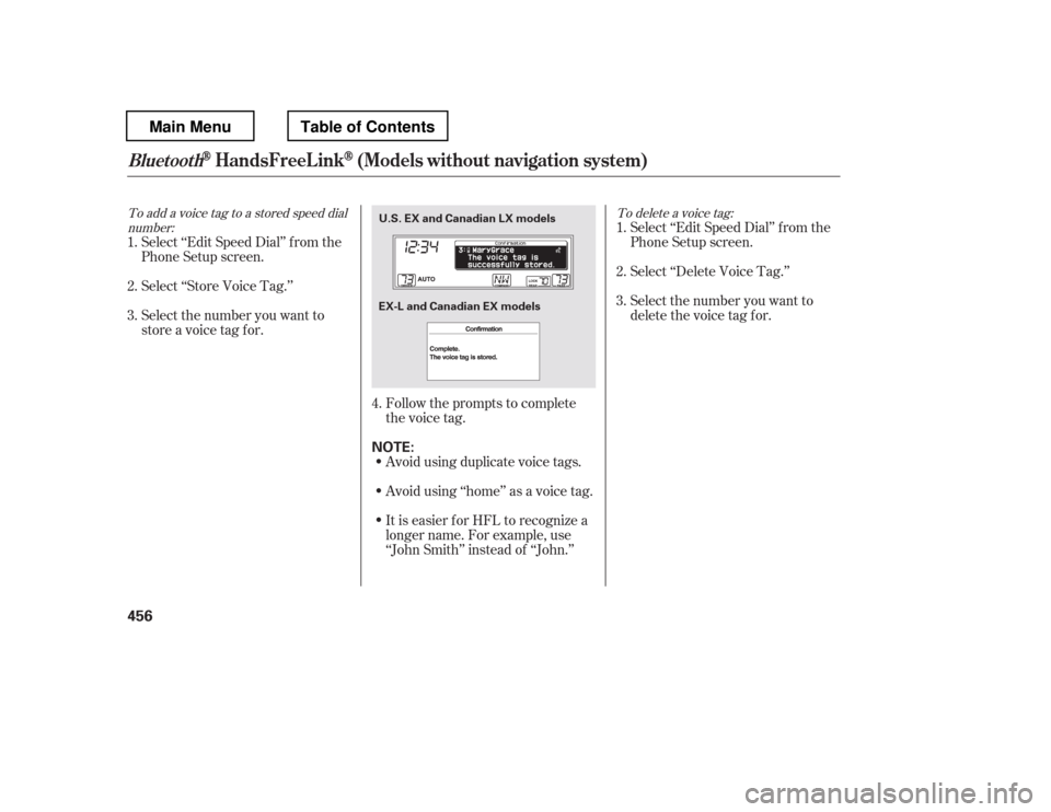 HONDA PILOT 2012 2.G Owners Manual To add a voice tag to a stored speed dialnumber: To delete a voice tag:
Select ‘‘Edit Speed Dial
