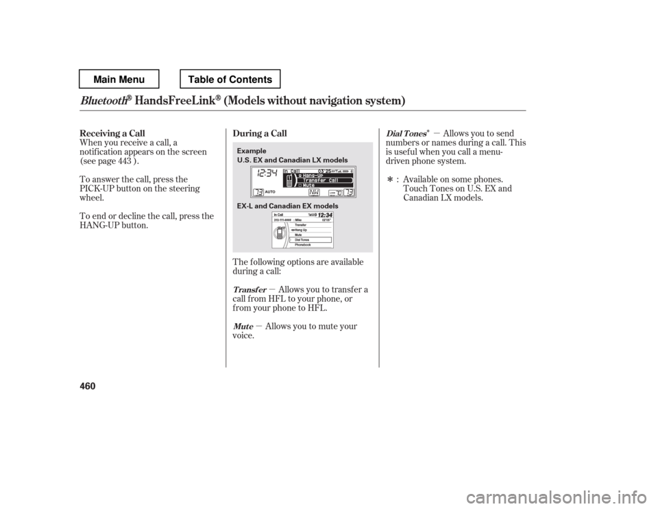HONDA PILOT 2012 2.G Owners Manual µ
µ µ
Î Î
The f ollowing options are available 
during a call:
When you receive a call, a 
notif ication appears on the screen 
(see page ). 
To answer the call, press the 
PICK-UPbuttononth