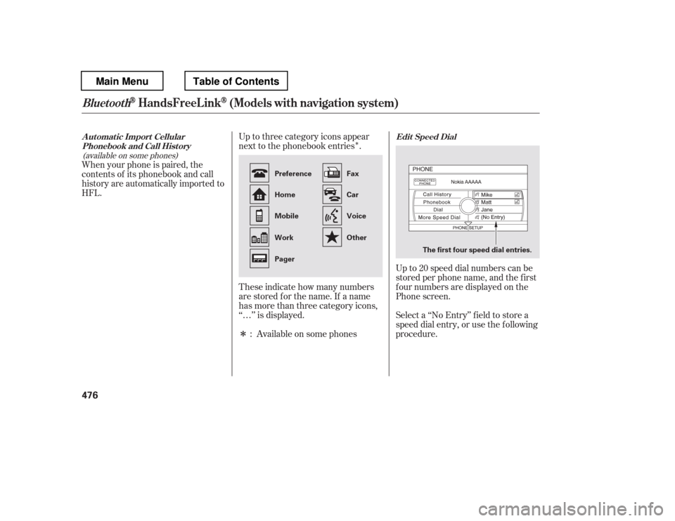 HONDA PILOT 2012 2.G Owners Manual Î
Î
Up to three category icons appear 
next to the phonebook entries . 
These indicate how many numbers 
are stored f or the name. If a name
has more than three category icons,
‘‘…