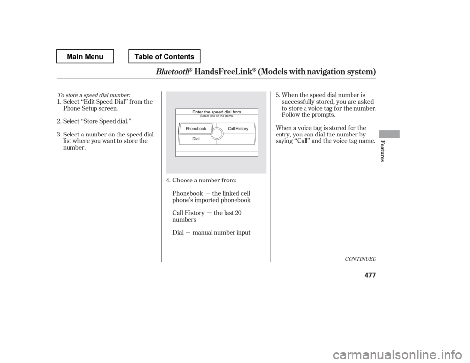 HONDA PILOT 2012 2.G Owners Manual µ
µ µ
To store a speed dial number:
Select ‘‘Edit Speed Dial