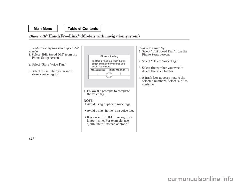 HONDA PILOT 2012 2.G Owners Manual To add a voice tag to a stored speed dialnumber: To delete a voice tag:
Select ‘‘Edit Speed Dial