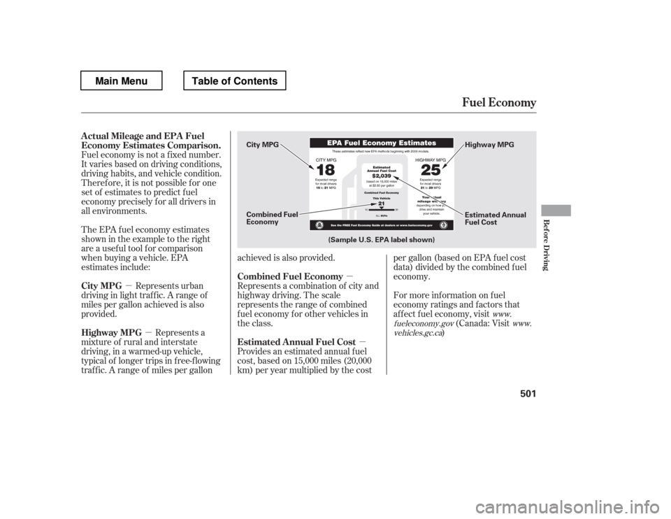 HONDA PILOT 2012 2.G Owners Manual µµ
µ µ
Fuel economy is not a f ixed number. 
It varies based on driving conditions,
driving habits, and vehicle condition.
Theref ore, it is not possible f or one
set of estimates to predict f