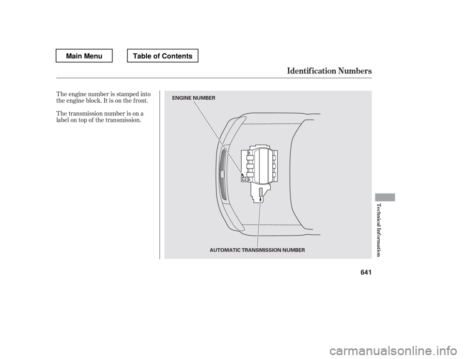 HONDA PILOT 2012 2.G Owners Manual The engine number is stamped into 
the engine block. It is on the f ront. 
The transmission number is on a 
label on top of the transmission.
Identif ication Numbers
T echnical Inf ormat ion
641
ENGIN