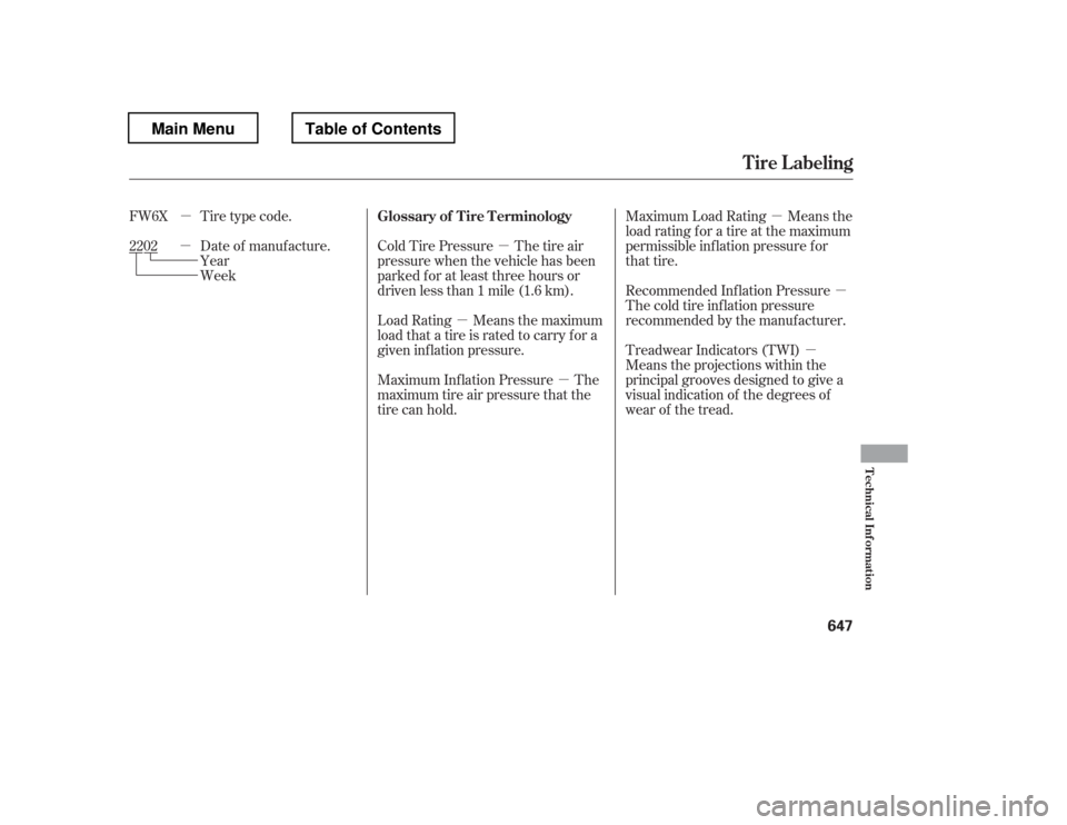 HONDA PILOT 2012 2.G Owners Manual µ
µ µ µ
µ
µ
µ
µ
Tire type code. 
Date of manufacture.
Week
Year Cold Tire Pressure The tire air 
pressure when the vehicle has been
parked f or at least three hours or
driven less than