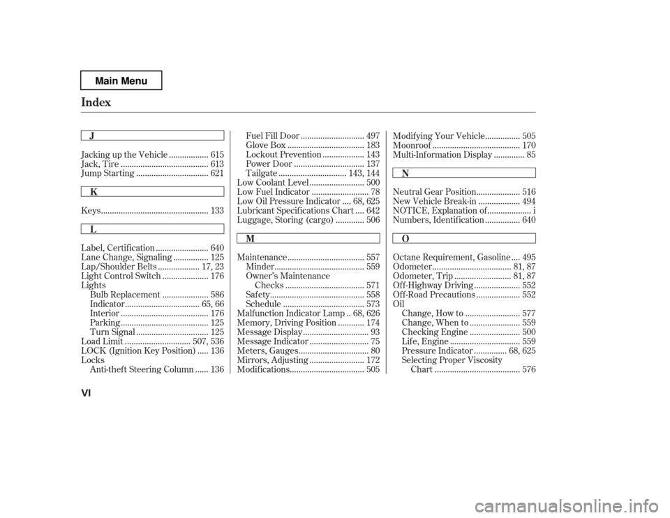 HONDA PILOT 2012 2.G Owners Manual ................................................
Keys . 133
.......................
Label, Certif ication . 640
...............
Lane Change, Signaling . 125
..................
Lap/Shoulder Belts . 17,