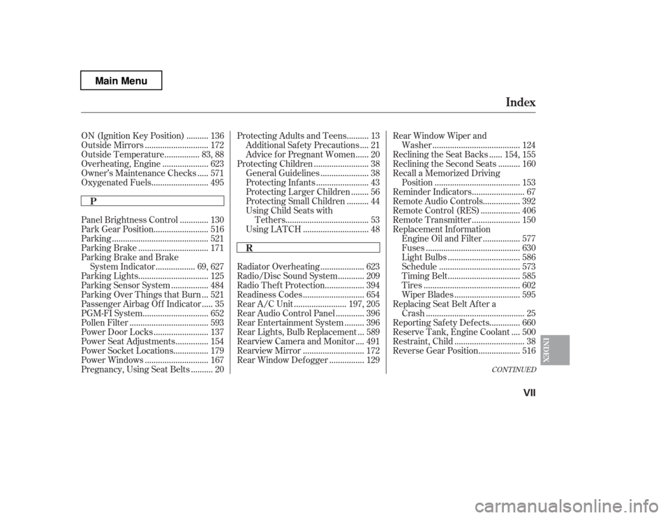 HONDA PILOT 2012 2.G Owners Manual CONT INUED
............
Panel Brightness Control . 130
........................
Park Gear Position . 516
...........................................
Parking . 521
...............................
Parki