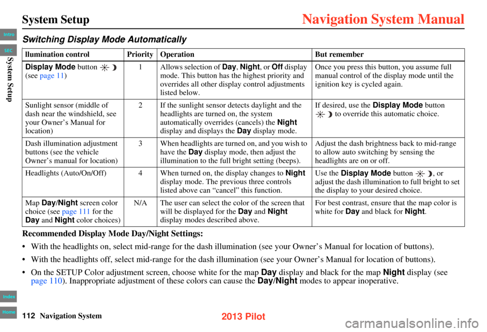 HONDA PILOT 2013 2.G Navigation Manual 112Navigation System
System Setup
Switching Display Mode AutomaticallyI
Recommended Display Mode Day/Night Settings:
• With the headlights on, select mid-range for the dash illumination (see your Ow HONDA PILOT 2013 2.G Navigation Manual 112Navigation System
System Setup
Switching Display Mode AutomaticallyI
Recommended Display Mode Day/Night Settings:
• With the headlights on, select mid-range for the dash illumination (see your Ow