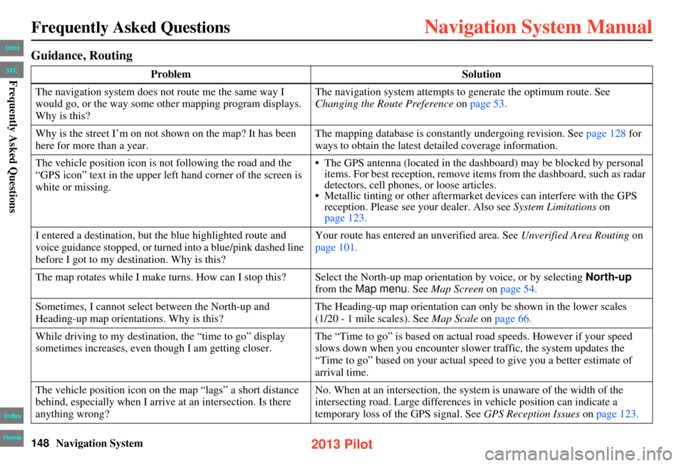 HONDA PILOT 2013 2.G Navigation Manual 148Navigation System
Frequently Asked Questions
Guidance, Routing
ProblemSolution
The navigation system does not route me the same way I 
would go, or the way some other mapping program displays. 
Why