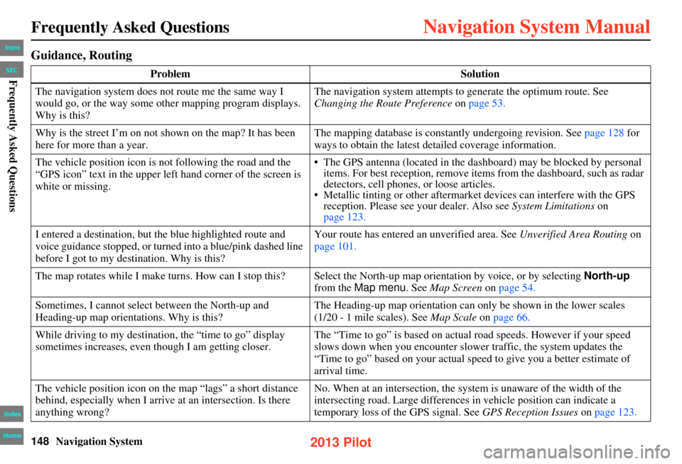 HONDA PILOT 2013 2.G Navigation Manual 148Navigation System
Frequently Asked Questions
Guidance, Routing
ProblemSolution
The navigation system does not route me the same way I
would go, or the way some other mapping program displays.
Why HONDA PILOT 2013 2.G Navigation Manual 148Navigation System
Frequently Asked Questions
Guidance, Routing
ProblemSolution
The navigation system does not route me the same way I
would go, or the way some other mapping program displays.
Why