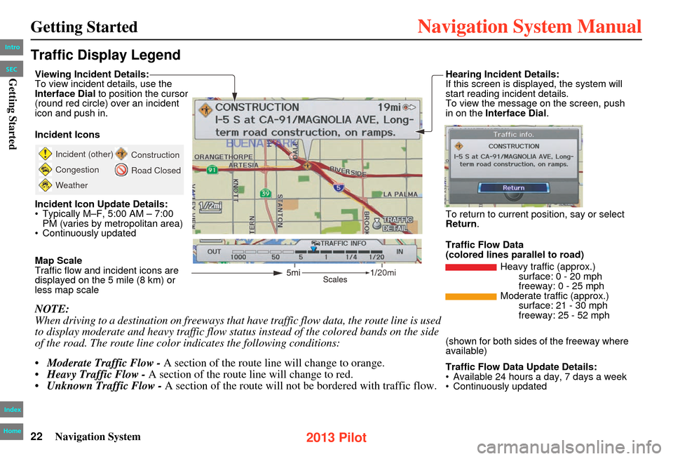 HONDA PILOT 2013 2.G Navigation Manual 22Navigation System
Getting Started
Traffic Display Legend
20mi
Incident (other)
Congestion
WeatherConstruction
Road Closed
Viewing Incident Details:
To view incident details, use the
Interface Dial
HONDA PILOT 2013 2.G Navigation Manual 22Navigation System
Getting Started
Traffic Display Legend
20mi
Incident (other)
Congestion
WeatherConstruction
Road Closed
Viewing Incident Details:
To view incident details, use the
Interface Dial