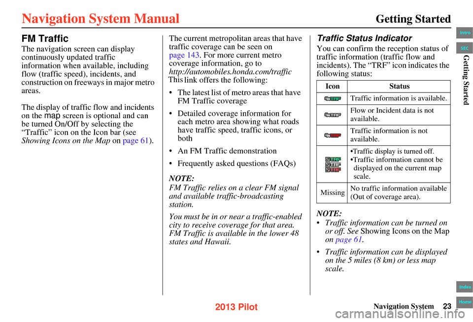 HONDA PILOT 2013 2.G Navigation Manual Navigation System23
Getting Started
FM Traffic
The navigation screen can display 
continuously updated traffic 
information when available, including 
flow (traffic speed), incidents, and 
constructio