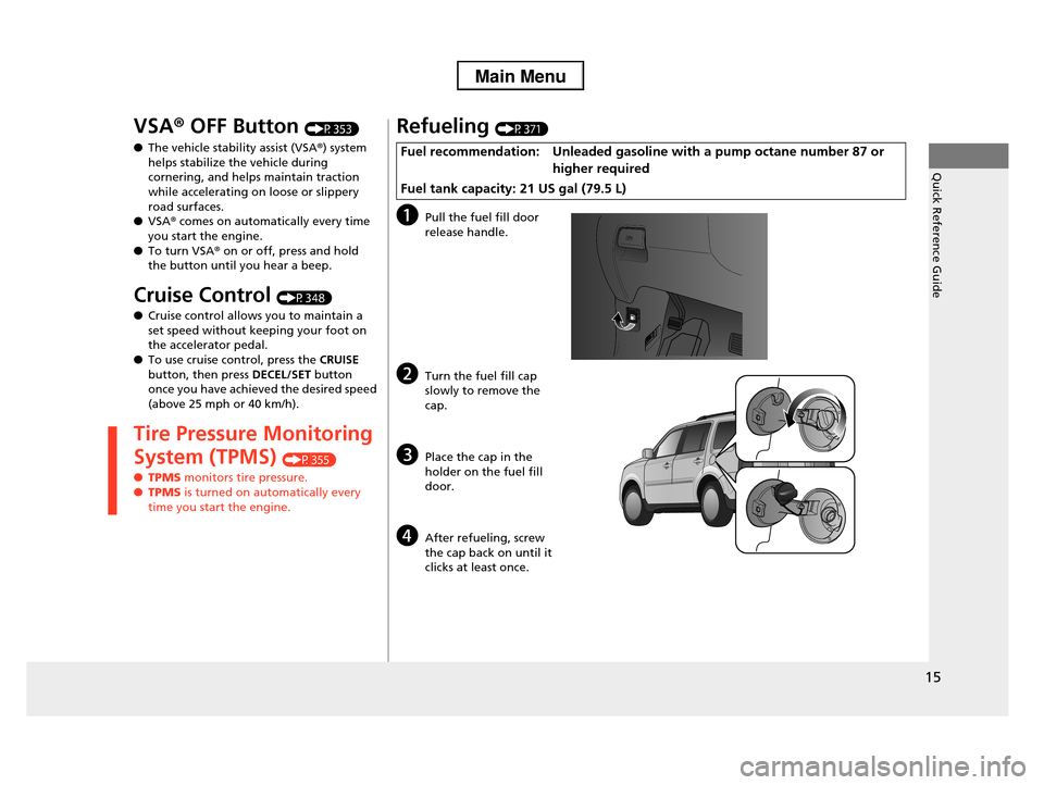 HONDA PILOT 2013 2.G User Guide 15
Quick Reference Guide
VSA® OFF Button (P353)
●The vehicle stability assist (VSA®) system 
helps stabilize the vehicle during  cornering, and helps maintain traction  
while accelerating on loos