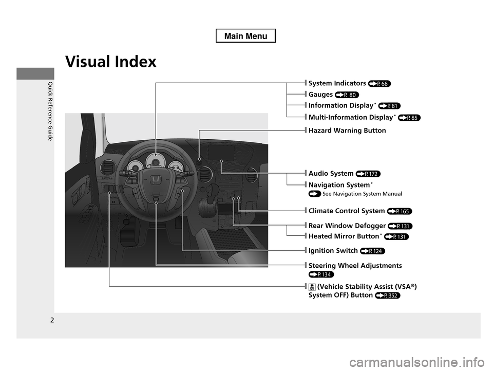 HONDA PILOT 2013 2.G Owners Manual 2
Quick Reference Guide
Quick Reference Guide
Visual Index
❙Steering Wheel Adjustments 
(P134)
❙ (Vehicle Stability Assist (VSA®) 
System OFF) Button (P352)
❙Gauges (P 80)
❙Information Displa