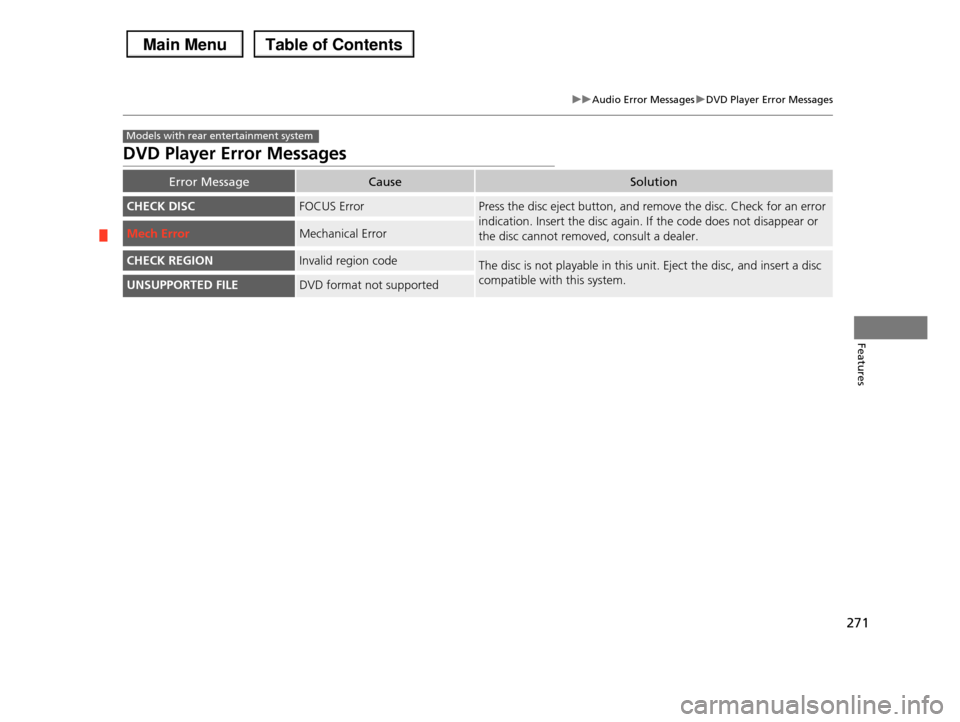 HONDA PILOT 2013 2.G Owners Manual 271
uuAudio Error MessagesuDVD Player Error Messages
Features
DVD Player Error Messages
Error MessageCauseSolution
CHECK DISCFOCUS ErrorPress the disc eject button, and remove the disc. Check for an e HONDA PILOT 2013 2.G Owners Manual 271
uuAudio Error MessagesuDVD Player Error Messages
Features
DVD Player Error Messages
Error MessageCauseSolution
CHECK DISCFOCUS ErrorPress the disc eject button, and remove the disc. Check for an e