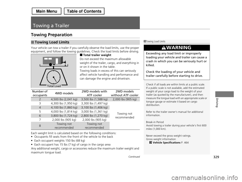 HONDA PILOT 2013 2.G Owners Manual 329Continued
Driving
Towing a Trailer
Towing Preparation
Your vehicle can tow a trailer if you carefully observe the load limits, use the proper
equipment, and follow the towing guidelines. Check the HONDA PILOT 2013 2.G Owners Manual 329Continued
Driving
Towing a Trailer
Towing Preparation
Your vehicle can tow a trailer if you carefully observe the load limits, use the proper
equipment, and follow the towing guidelines. Check the