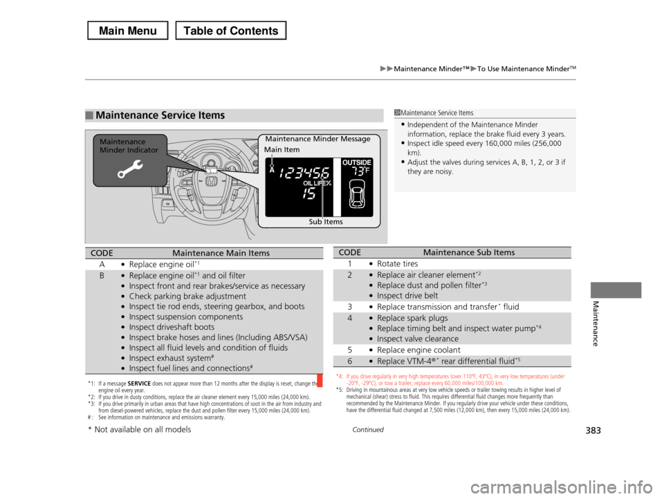 HONDA PILOT 2013 2.G Owners Manual 383
uuMaintenance Minder™uTo Use Maintenance MinderTM
Continued
Maintenance
■Maintenance Service Items1Maintenance Service Items
•Independent of the Maintenance Minder information, replace the HONDA PILOT 2013 2.G Owners Manual 383
uuMaintenance Minder™uTo Use Maintenance MinderTM
Continued
Maintenance
■Maintenance Service Items1Maintenance Service Items
•Independent of the Maintenance Minder information, replace the