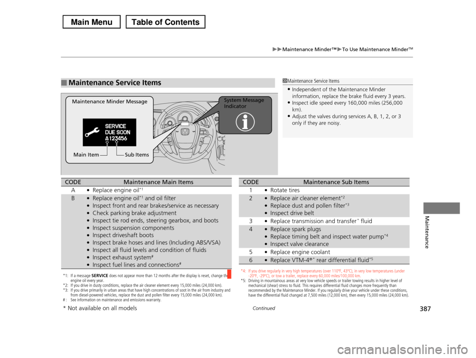 HONDA PILOT 2013 2.G Owners Manual 387
uuMaintenance Minder™uTo Use Maintenance MinderTM
Continued
Maintenance
■Maintenance Service Items1Maintenance Service Items
•Independent of the Maintenance Minder information, replace the HONDA PILOT 2013 2.G Owners Manual 387
uuMaintenance Minder™uTo Use Maintenance MinderTM
Continued
Maintenance
■Maintenance Service Items1Maintenance Service Items
•Independent of the Maintenance Minder information, replace the